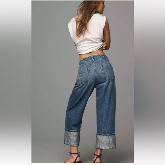 Anthropologie The Lonnie Sparkle Cuffed High Rise Crop Jeans Sequin Blue - Picture 4 of 7